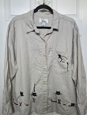 C. J. Banks Beige Button-Up Shirt Jacket with Black Cat Motif Cat Lovers 16W